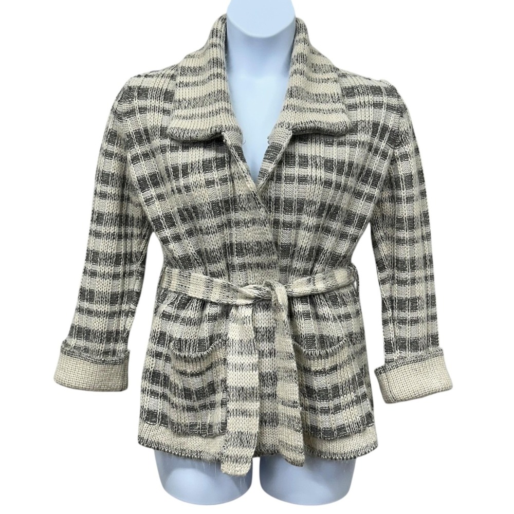Vintage Sweater Girl Sweater Womens Large Gray White Plaid Belted Cardigan 80s